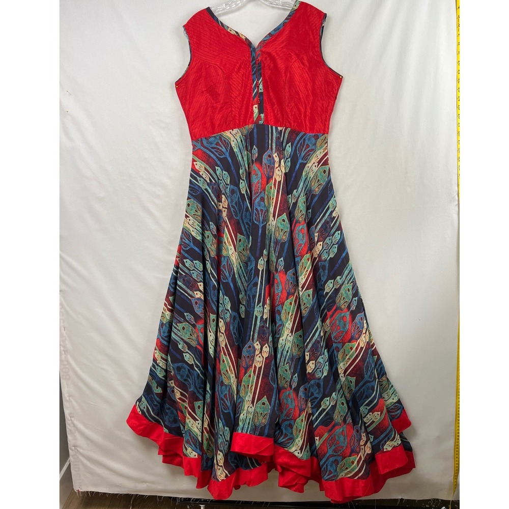 Soch Anarkali Maxi Dress Women XL Red Multi Abstract Print Sleeveless V-Neck